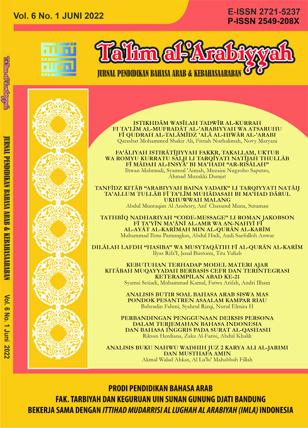 Ta'lim al-'Arabiyyah: Jurnal Pendidikan Bahasa Arab dan Kebahasaaraban received 9 articles in this issue, which are the works of 33 researchers. They consist of students, Arabic teachers, teachers at Islamic boarding schools, senior lecturers, and academi